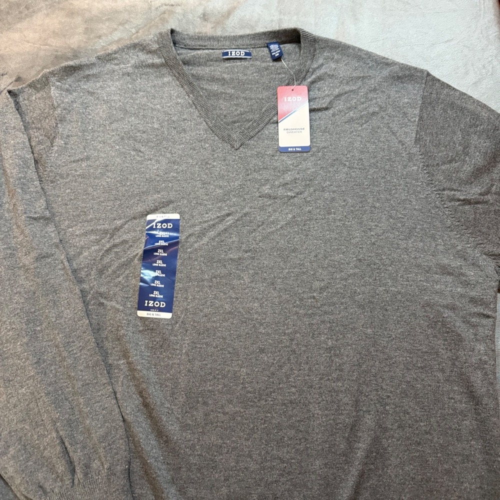 IZOD Mens Fieldhouse V Neck Sweater Big Tall Gray Long‎ Sleeve Knit NEW